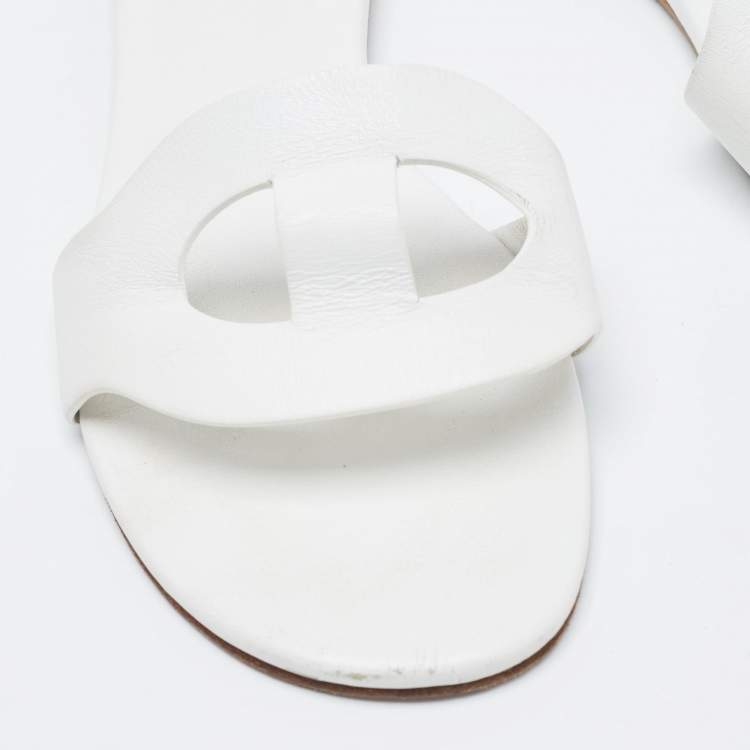 Pre Owned Hermes White Leather Lisboa Flat Slides Size 37