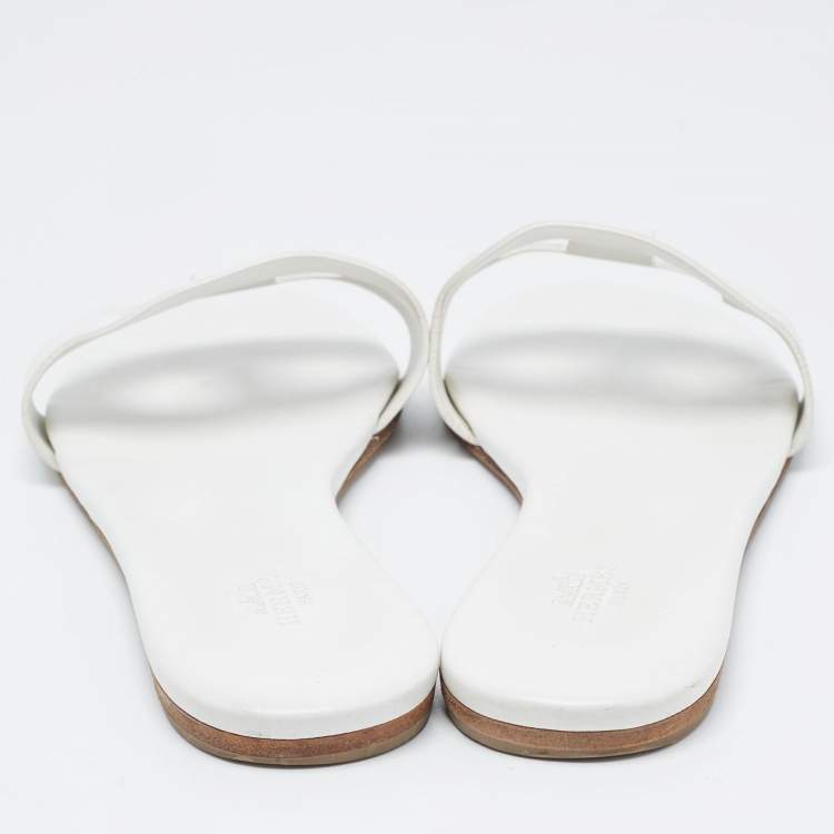 Pre Owned Hermes White Leather Lisboa Flat Slides Size 37