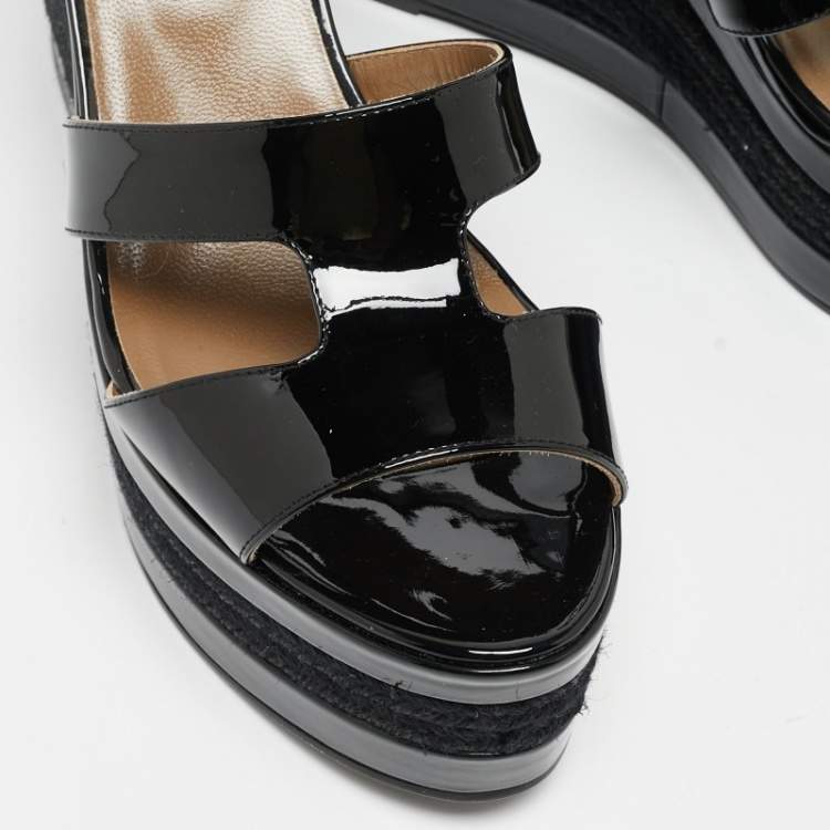 Pre Owned Hermes Black Patent Leather Ilana Espadrille Wedge Sandals Size 40