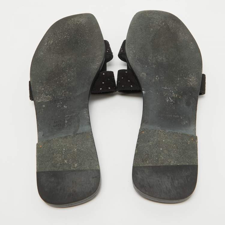 Pre Owned Hermes Black Suede Crystal Embellished Oran Flat Slides Size 40.5