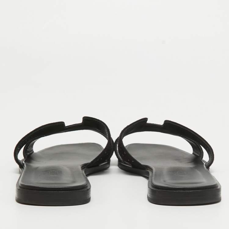 Pre Owned Hermes Black Suede Crystal Embellished Oran Flat Slides Size 40.5