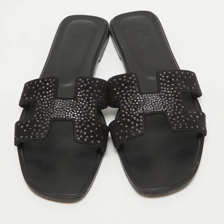 Pre Owned Hermes Black Suede Crystal Embellished Oran Flat Slides Size 40.5