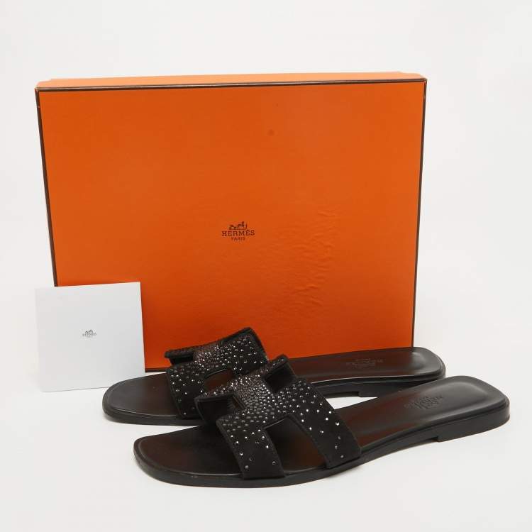 Pre Owned Hermes Black Suede Crystal Embellished Oran Flat Slides Size 40.5
