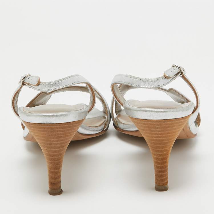 Pre Owned Hermes Silver Leather Night Slingback Sandals Size 37