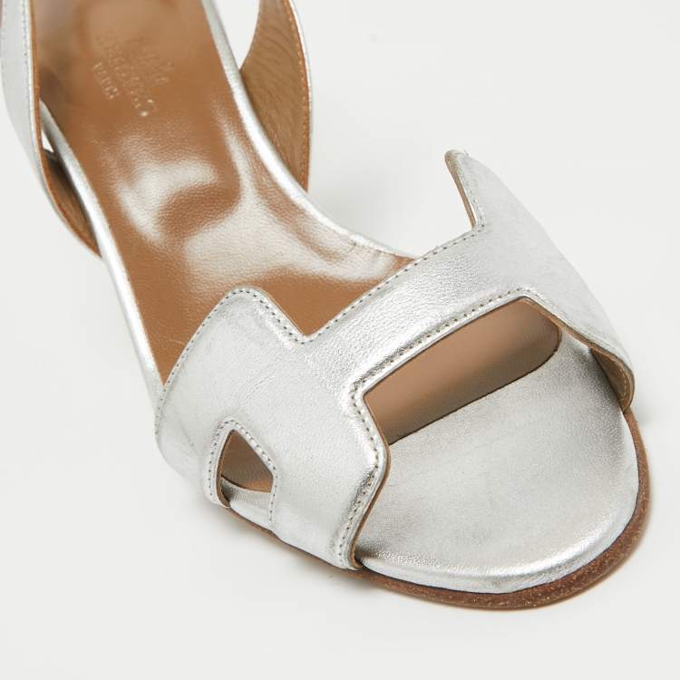 Pre Owned Hermes Silver Leather Night Slingback Sandals Size 37