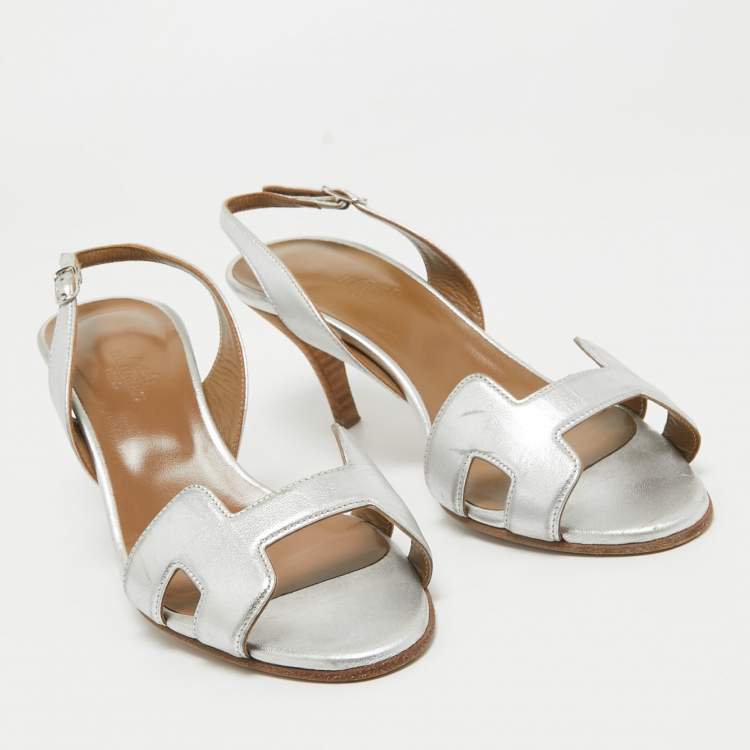 Pre Owned Hermes Silver Leather Night Slingback Sandals Size 37