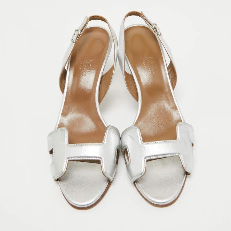 Pre Owned Hermes Silver Leather Night Slingback Sandals Size 37