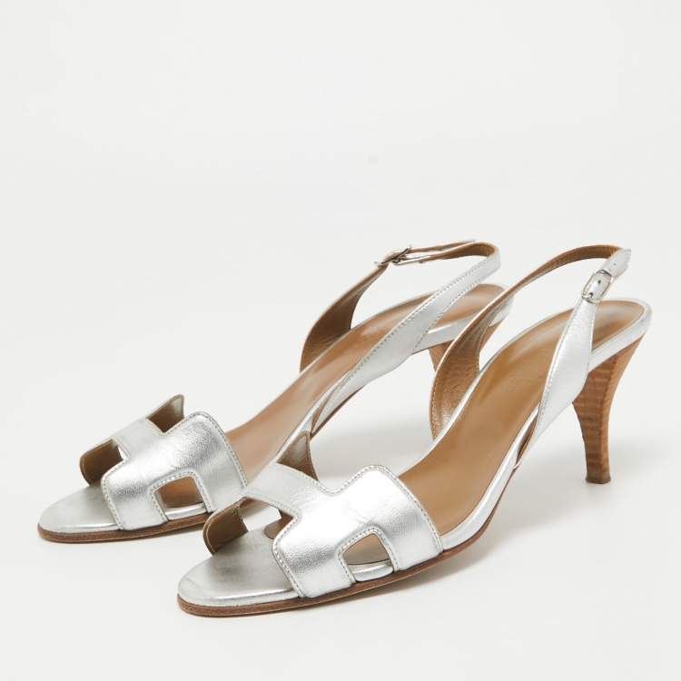 Pre Owned Hermes Silver Leather Night Slingback Sandals Size 37
