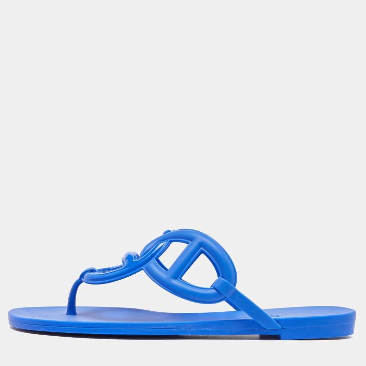 Pre Owned Hermes Blue Rubber Egerie Thong Flat Slides Size 38