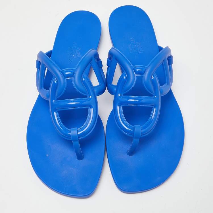 Pre Owned Hermes Blue Rubber Egerie Thong Flat Slides Size 38