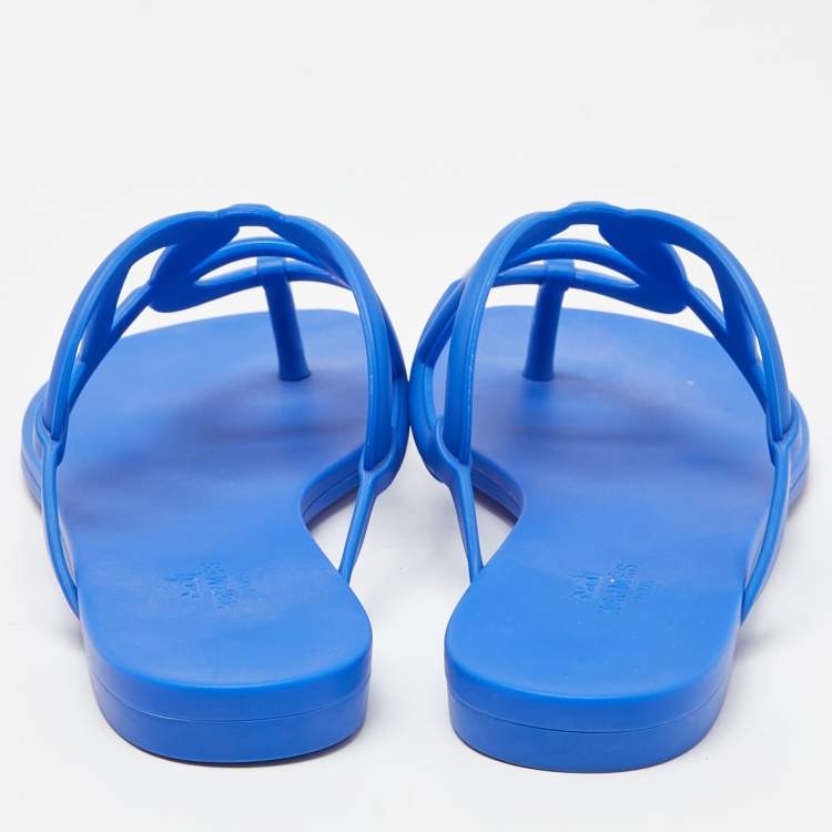 Pre Owned Hermes Blue Rubber Egerie Thong Flat Slides Size 38