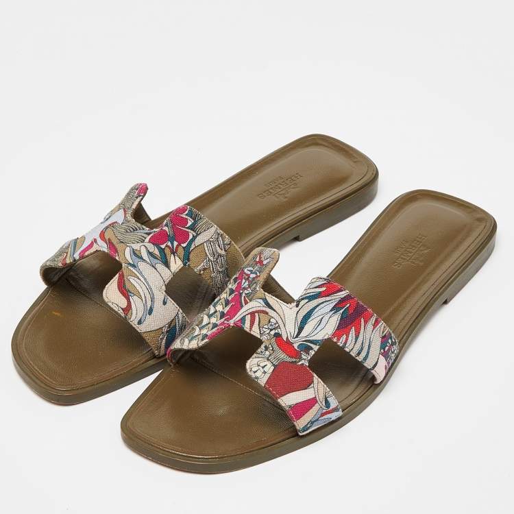 Hermes Multicolor Print Canvas Oran Flat Slides Size 38 Hermes TLC