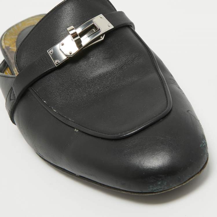 Pre Owned Hermes Black Leather Oz Mules Size 40