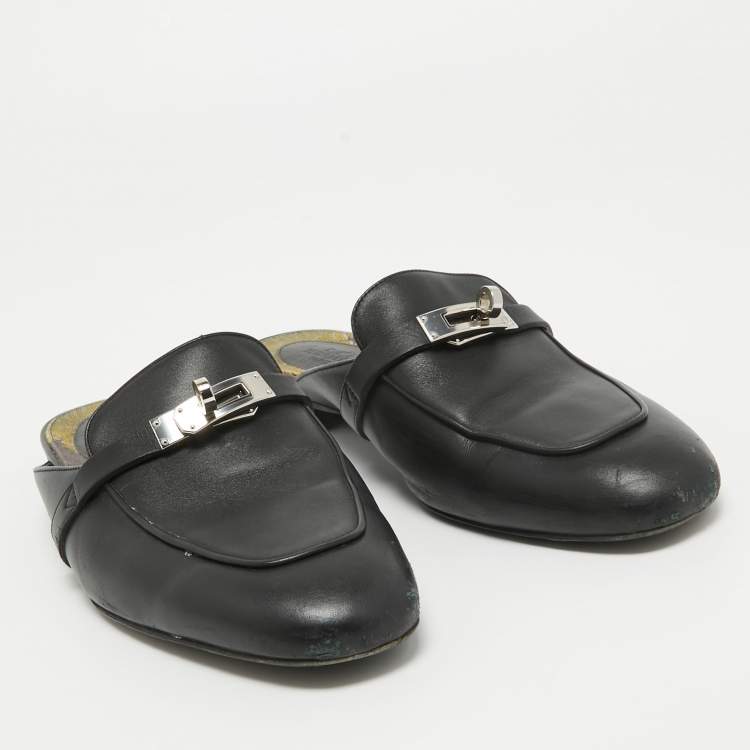 Pre Owned Hermes Black Leather Oz Mules Size 40