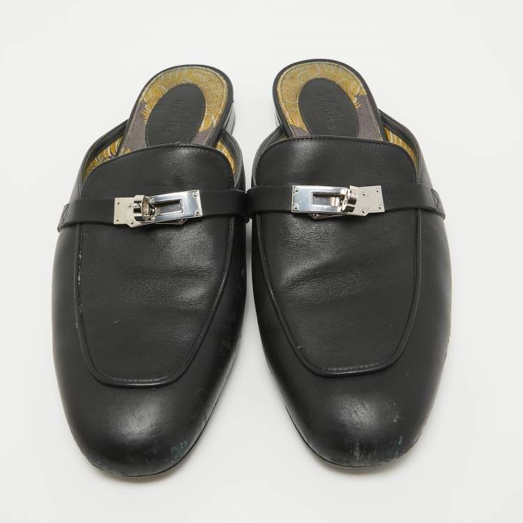 Pre Owned Hermes Black Leather Oz Mules Size 40
