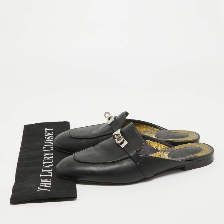Pre Owned Hermes Black Leather Oz Mules Size 40