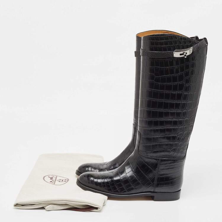 Pre Owned Hermes Black Crocodile Riding Boots Size 39