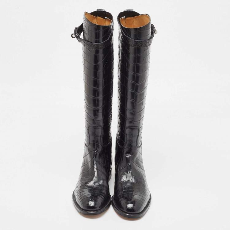 Pre Owned Hermes Black Crocodile Riding Boots Size 39