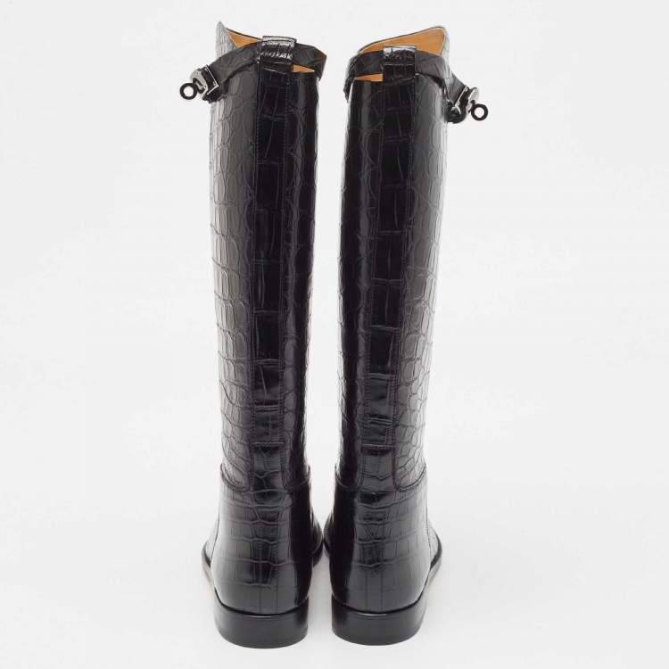 Pre Owned Hermes Black Crocodile Riding Boots Size 39