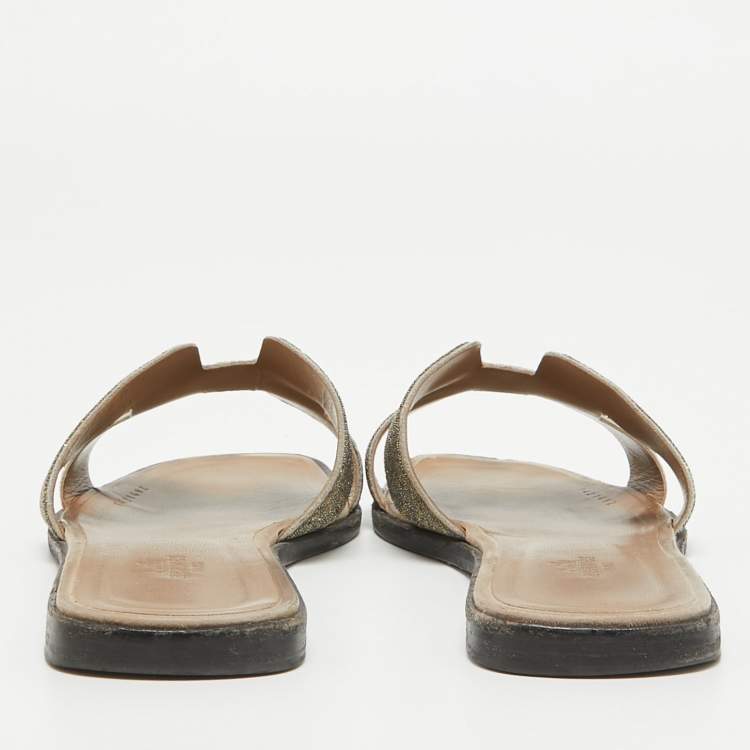 Pre Owned Hermes Brown Suede and Glitter Oran Flat Slides Size 41 