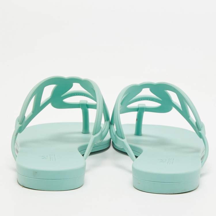 Pre Owned Hermes Mint Green Rubber Egerie Thong Flat Slides Size 36