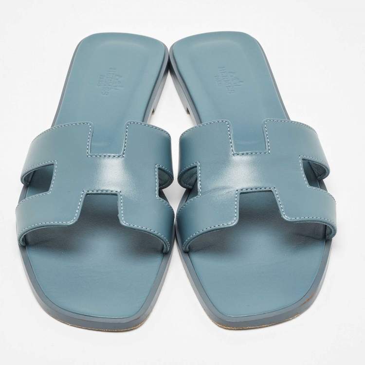 Pre Owned Hermes Blue Leather Oran Flat Sandals Size 42