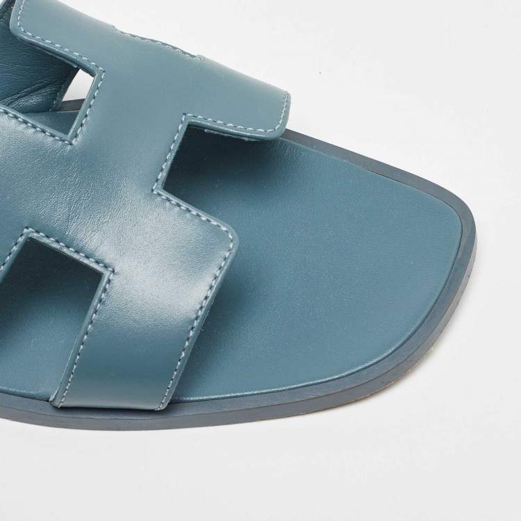 Pre Owned Hermes Blue Leather Oran Flat Sandals Size 42