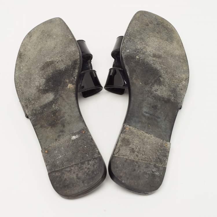 Pre Owned Hermes Black Patent Oran Slide Flats Size 40