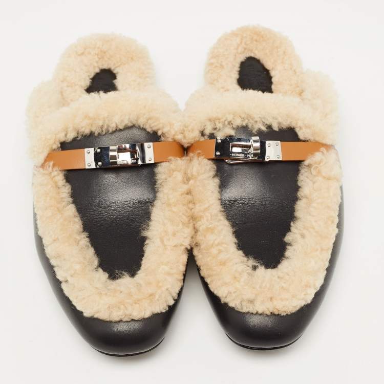 Pre Owned Hermes Black/Beige Leather and Shearling Fur Oz Flat Mules Size 40