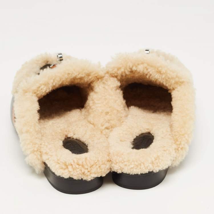 Pre Owned Hermes Black/Beige Leather and Shearling Fur Oz Flat Mules Size 40