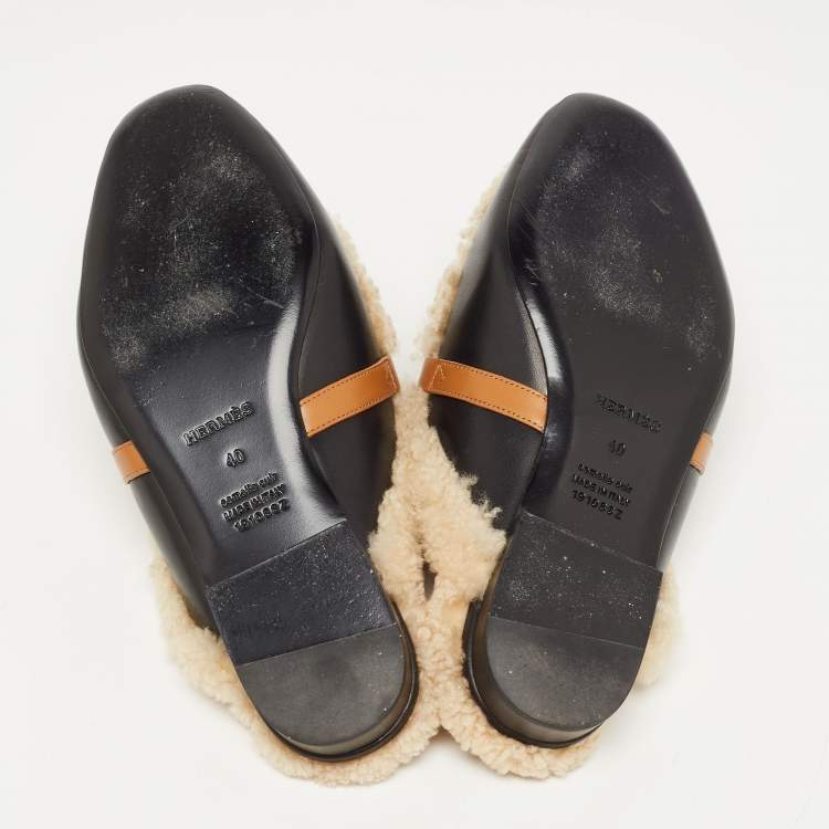 Pre Owned Hermes Black/Beige Leather and Shearling Fur Oz Flat Mules Size 40