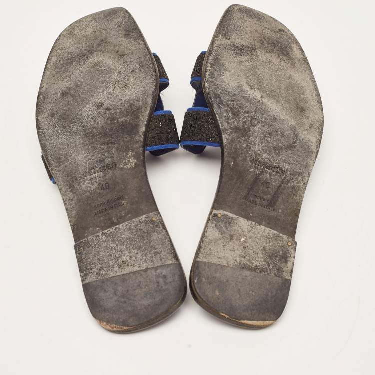 Pre Owned Hermes Black/Blue Suede Crystal Embellished Oran Flat Slides Size 40 