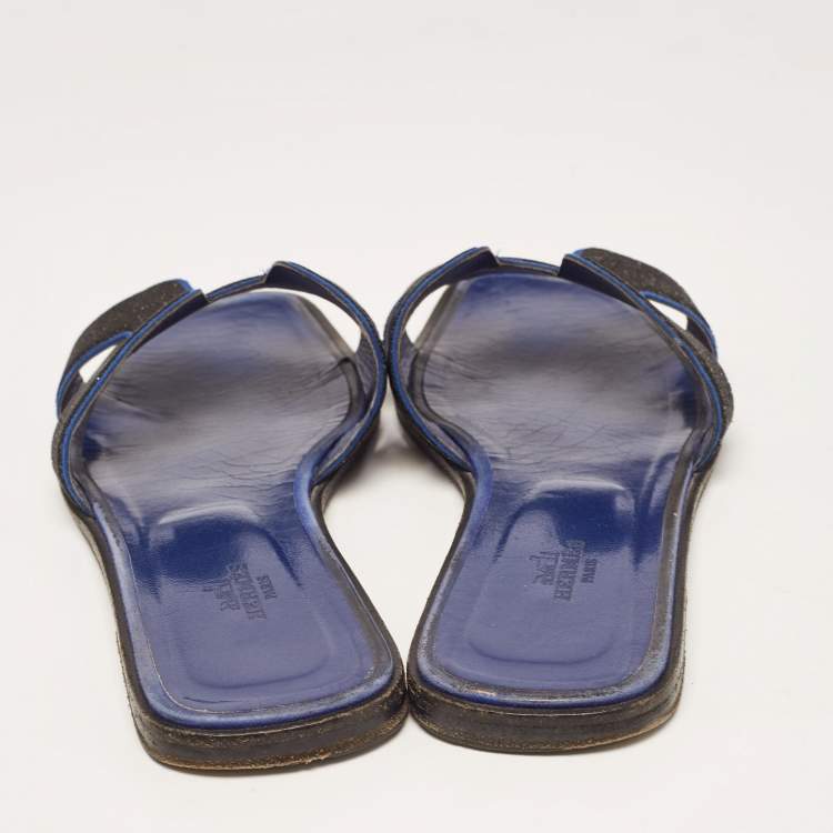 Pre Owned Hermes Black/Blue Suede Crystal Embellished Oran Flat Slides Size 40 