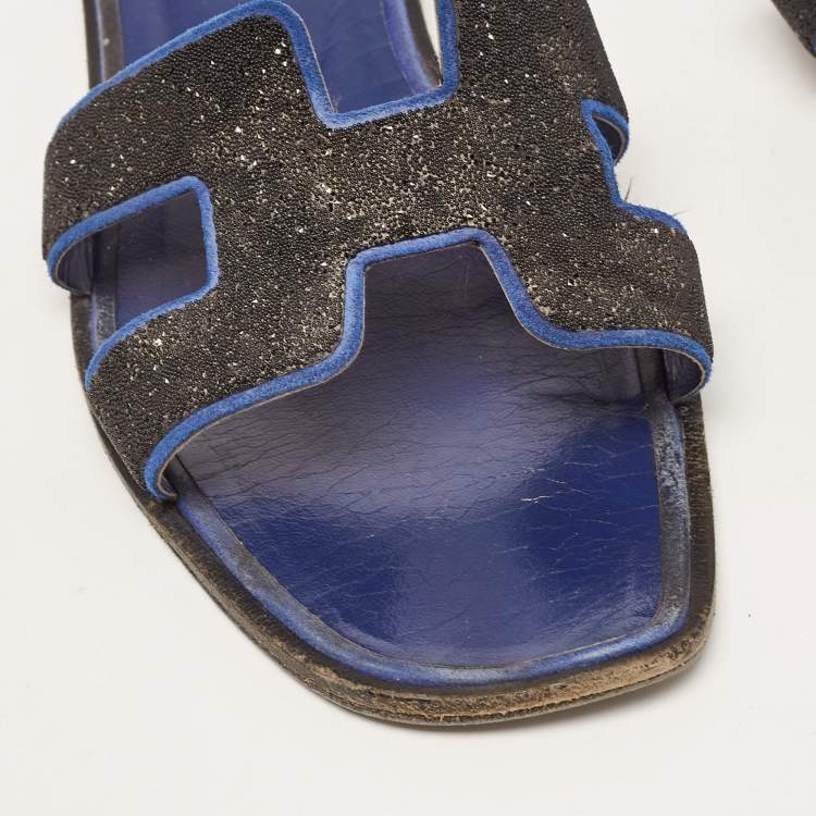 Pre Owned Hermes Black/Blue Suede Crystal Embellished Oran Flat Slides Size 40 