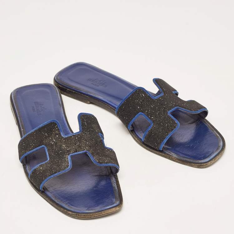 Pre Owned Hermes Black/Blue Suede Crystal Embellished Oran Flat Slides Size 40 