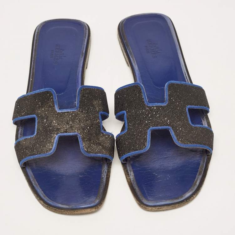Pre Owned Hermes Black/Blue Suede Crystal Embellished Oran Flat Slides Size 40 