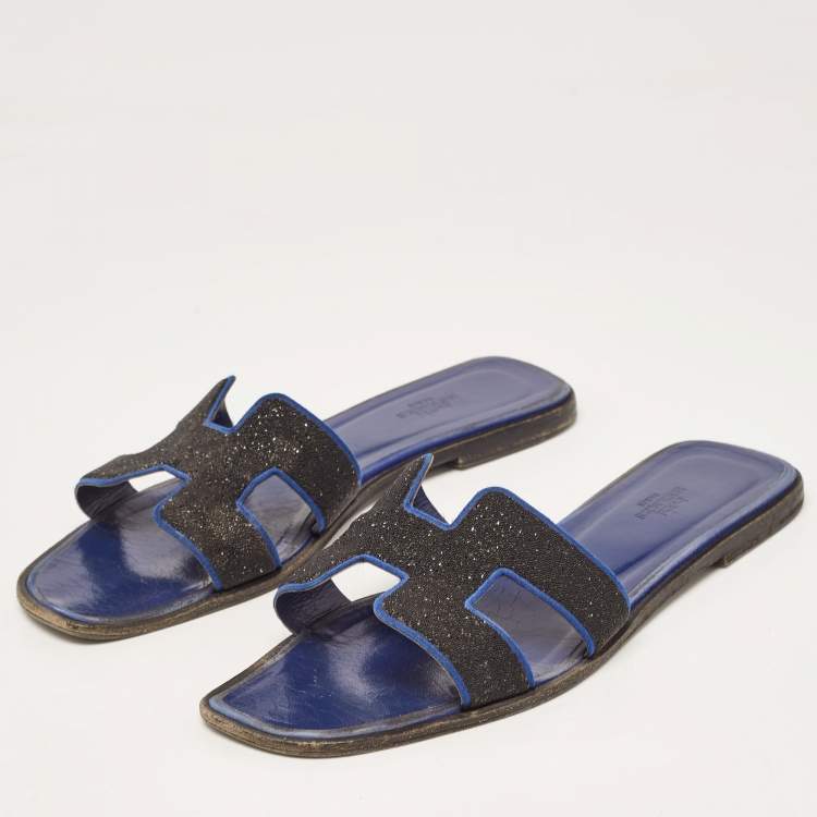 Pre Owned Hermes Black/Blue Suede Crystal Embellished Oran Flat Slides Size 40 