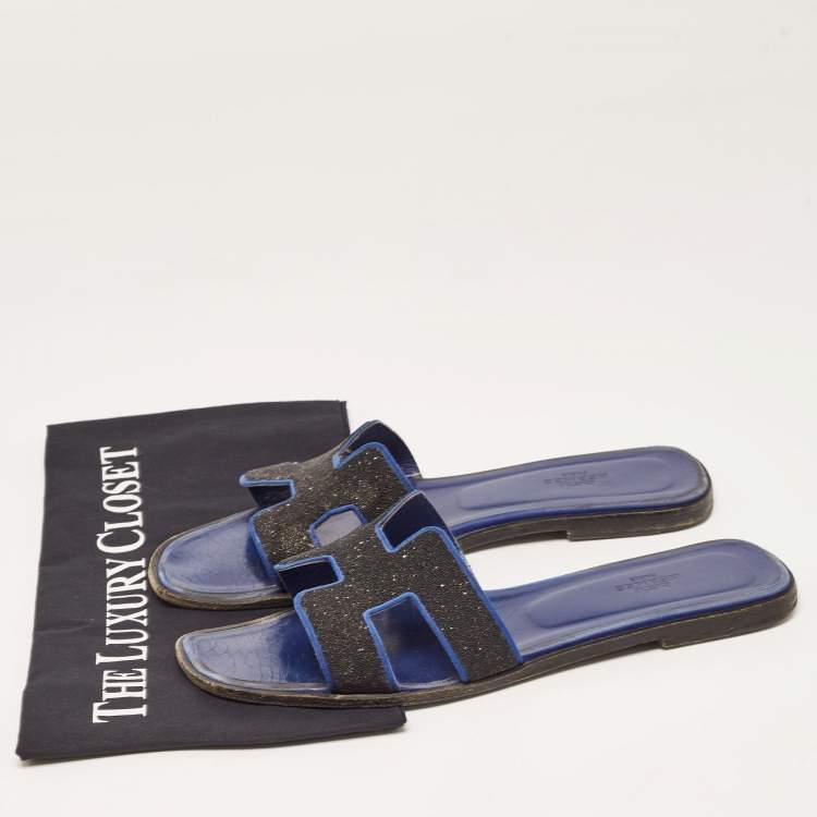 Pre Owned Hermes Black/Blue Suede Crystal Embellished Oran Flat Slides Size 40 