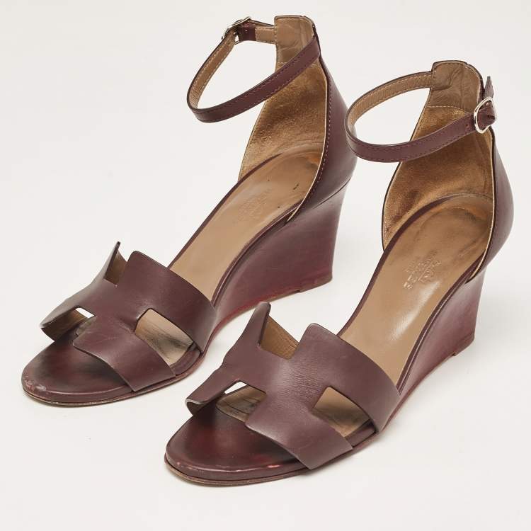 Pre Owned Hermes Burgundy Leather Legend Wedge Sandals Size 37.5