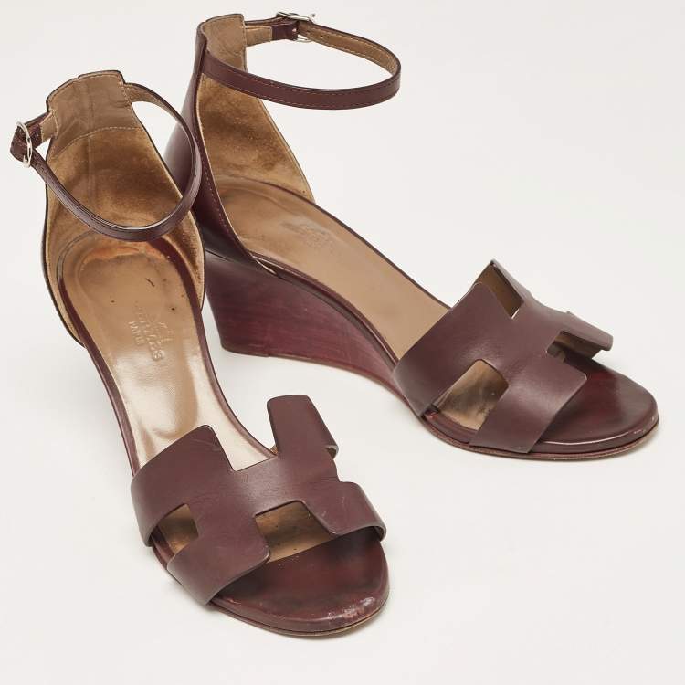 Pre Owned Hermes Burgundy Leather Legend Wedge Sandals Size 37.5