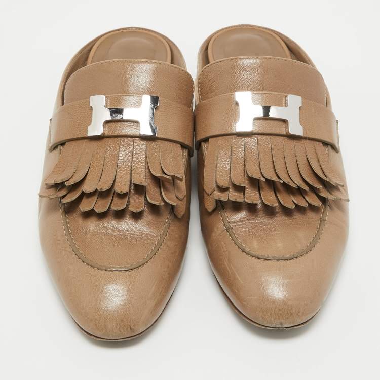 Pre Owned Hermes Brown Leather Rivoli Mules Size 39