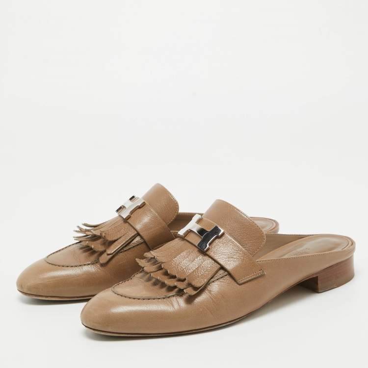 Pre Owned Hermes Brown Leather Rivoli Mules Size 39
