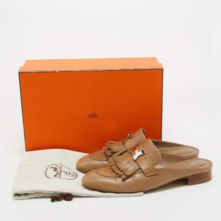 Pre Owned Hermes Brown Leather Rivoli Mules Size 39