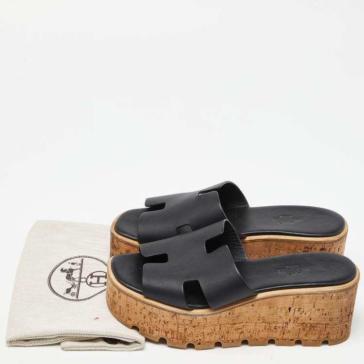 Pre Owned Hermes Black Leather Eze Platform Sandals Size 37