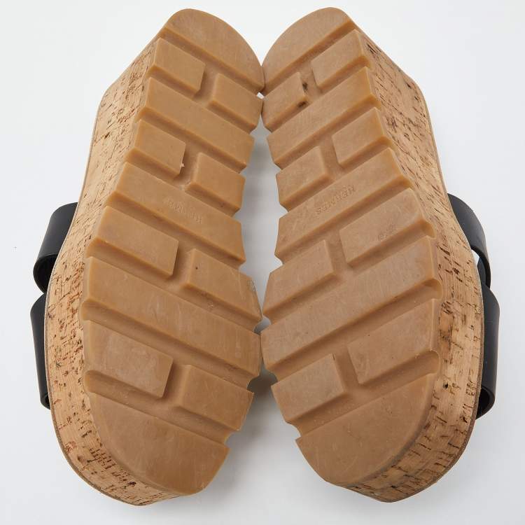 Pre Owned Hermes Black Leather Eze Platform Sandals Size 37