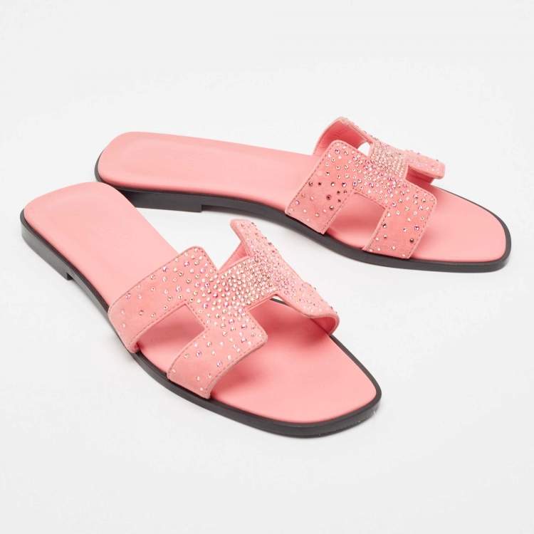 Pre Owned Hermes Pink Crystal Embellished Suede Oran Flat Slides Size 39