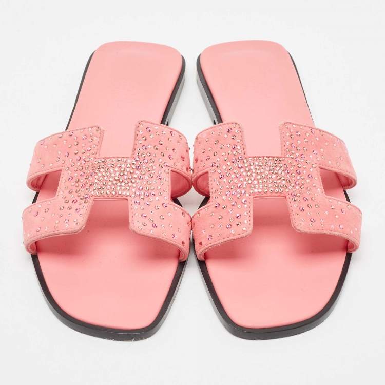 Pre Owned Hermes Pink Crystal Embellished Suede Oran Flat Slides Size 39