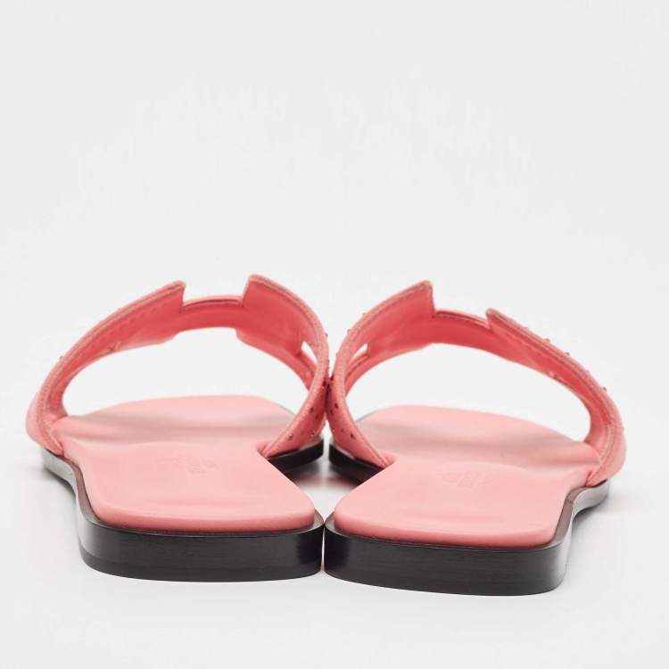Pre Owned Hermes Pink Crystal Embellished Suede Oran Flat Slides Size 39