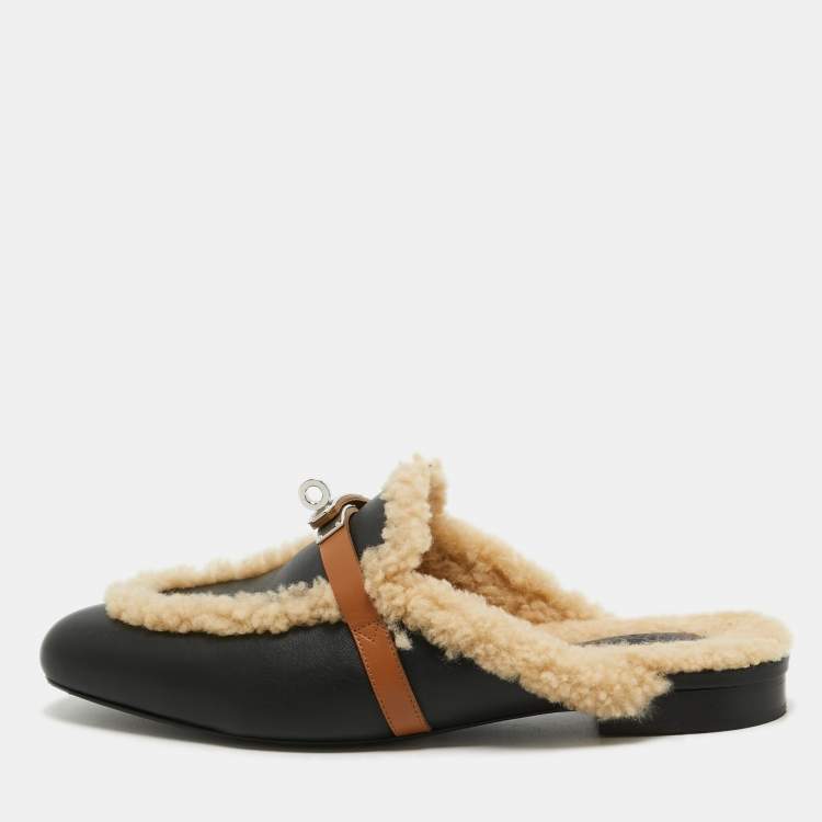 Pre Owned Hermes Black/Beige Leather and Fur Oz Flat Mules Size 40