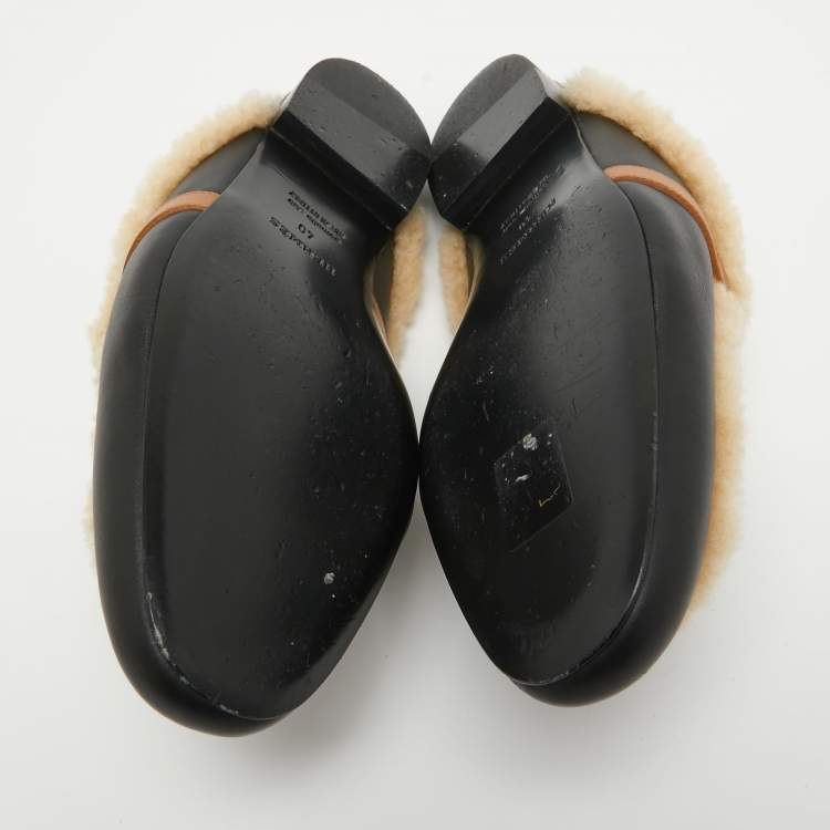 Pre Owned Hermes Black/Beige Leather and Fur Oz Flat Mules Size 40